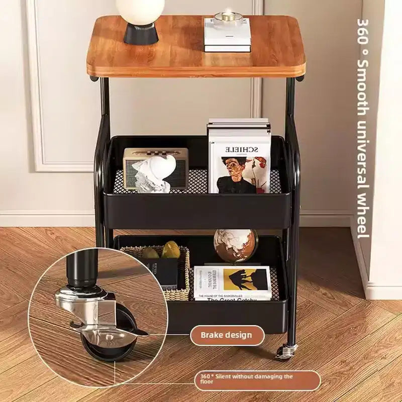 Chariot roulant à 3 niveaux avec plateau, desserte roulante en métal sur roulettes, chariot de rangement robuste avec crochets pour bureau, salle de classe, cuisine