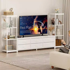Meuble TV de 225,8 cm pour téléviseur de 75 pouces, meuble de divertissement avec tiroirs en tissu et étagères ouvertes à 4 niveaux, console multimédia moderne avec rangement pour le salon