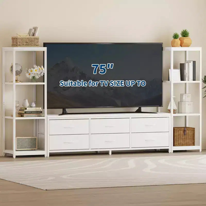 Meuble TV de 225,8 cm pour téléviseur de 75 pouces, meuble de divertissement avec tiroirs en tissu et étagères ouvertes à 4 niveaux, console multimédia moderne avec rangement pour le salon