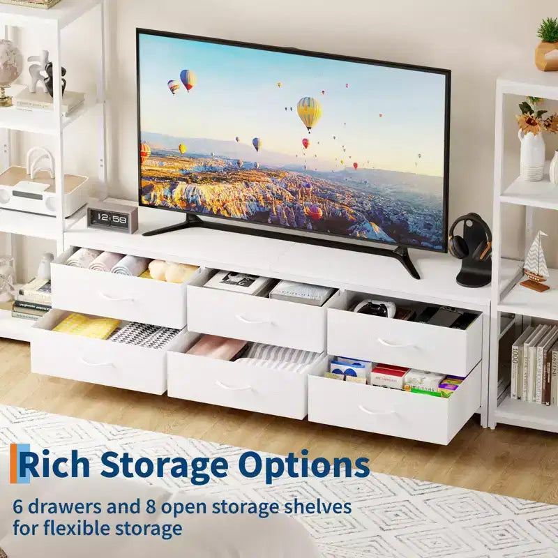 Meuble TV de 225,8 cm pour téléviseur de 75 pouces, meuble de divertissement avec tiroirs en tissu et étagères ouvertes à 4 niveaux, console multimédia moderne avec rangement pour le salon