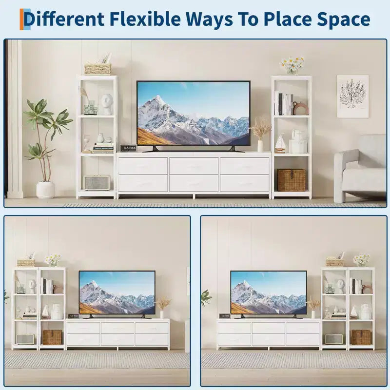 Meuble TV de 225,8 cm pour téléviseur de 75 pouces, meuble de divertissement avec tiroirs en tissu et étagères ouvertes à 4 niveaux, console multimédia moderne avec rangement pour le salon