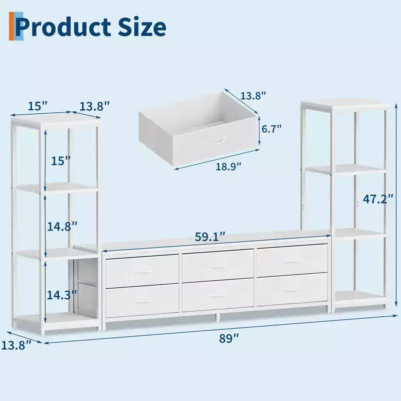 Meuble TV de 225,8 cm pour téléviseur de 75 pouces, meuble de divertissement avec tiroirs en tissu et étagères ouvertes à 4 niveaux, console multimédia moderne avec rangement pour le salon
