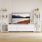 Meuble TV de 225,8 cm pour téléviseur de 75 pouces, meuble de divertissement avec tiroirs en tissu et étagères ouvertes à 4 niveaux, console multimédia moderne avec rangement pour le salon