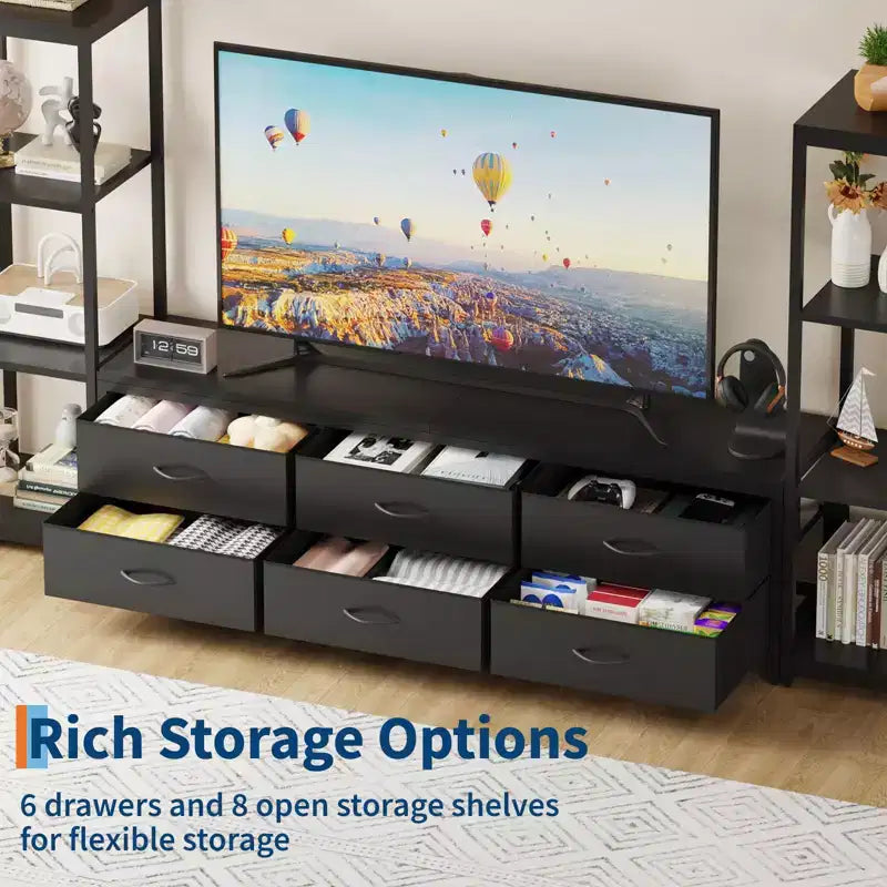 Meuble TV de 225,8 cm pour téléviseur de 75 pouces, meuble de divertissement avec tiroirs en tissu et étagères ouvertes à 4 niveaux, console multimédia moderne avec rangement pour le salon