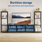 Meuble TV de 225,8 cm pour téléviseur de 75 pouces, meuble de divertissement avec tiroirs en tissu et étagères ouvertes à 4 niveaux, console multimédia moderne avec rangement pour le salon