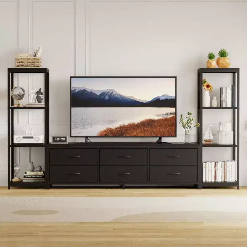 Meuble TV de 225,8 cm pour téléviseur de 75 pouces, meuble de divertissement avec tiroirs en tissu et étagères ouvertes à 4 niveaux, console multimédia moderne avec rangement pour le salon