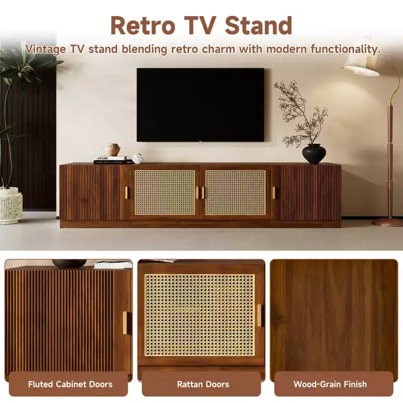 Modern Fluted TV Stand for TVs up to 85, 78 Long Entertainment Center with Storage Cabinet, Wooden TV Console Table for Living Room Bedroom