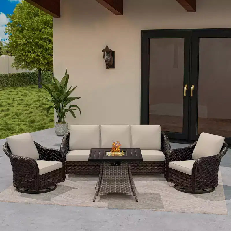 UPTIOT Outdoor Patio Set: 3-Seat Sofa, 2 Swivel Rocking Chairs & 50,000 BTU Fire Pit for All-Weather Comfort and Warmth