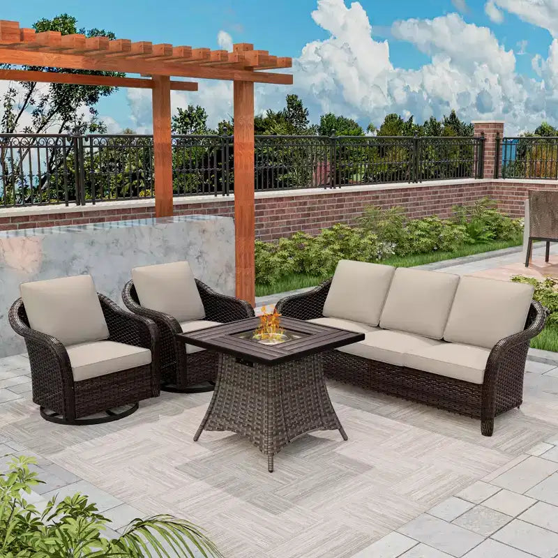 UPTIOT Outdoor Patio Set: 3-Seat Sofa, 2 Swivel Rocking Chairs & 50,000 BTU Fire Pit for All-Weather Comfort and Warmth