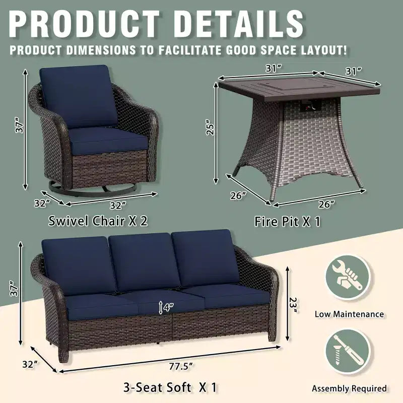 UPTIOT Outdoor Patio Set: 3-Seat Sofa, 2 Swivel Rocking Chairs & 50,000 BTU Fire Pit for All-Weather Comfort and Warmth