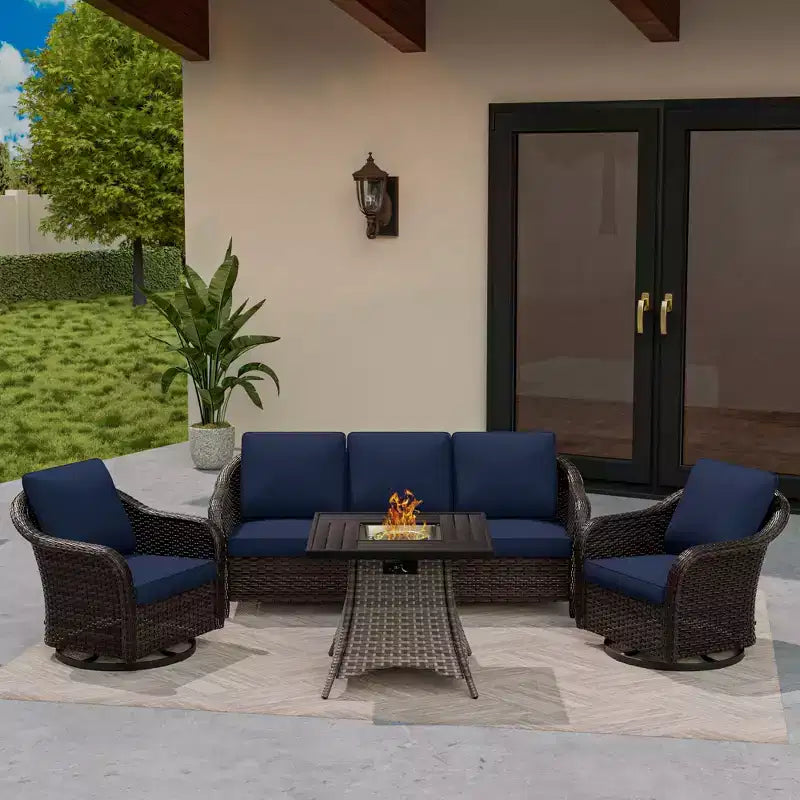UPTIOT Outdoor Patio Set: 3-Seat Sofa, 2 Swivel Rocking Chairs & 50,000 BTU Fire Pit for All-Weather Comfort and Warmth