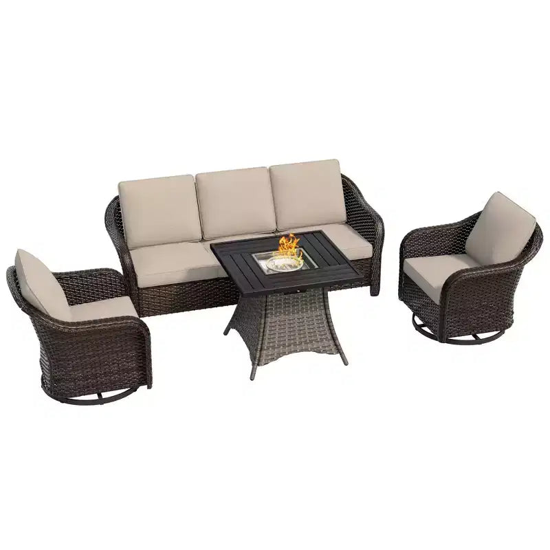 UPTIOT Outdoor Patio Set: 3-Seat Sofa, 2 Swivel Rocking Chairs & 50,000 BTU Fire Pit for All-Weather Comfort and Warmth