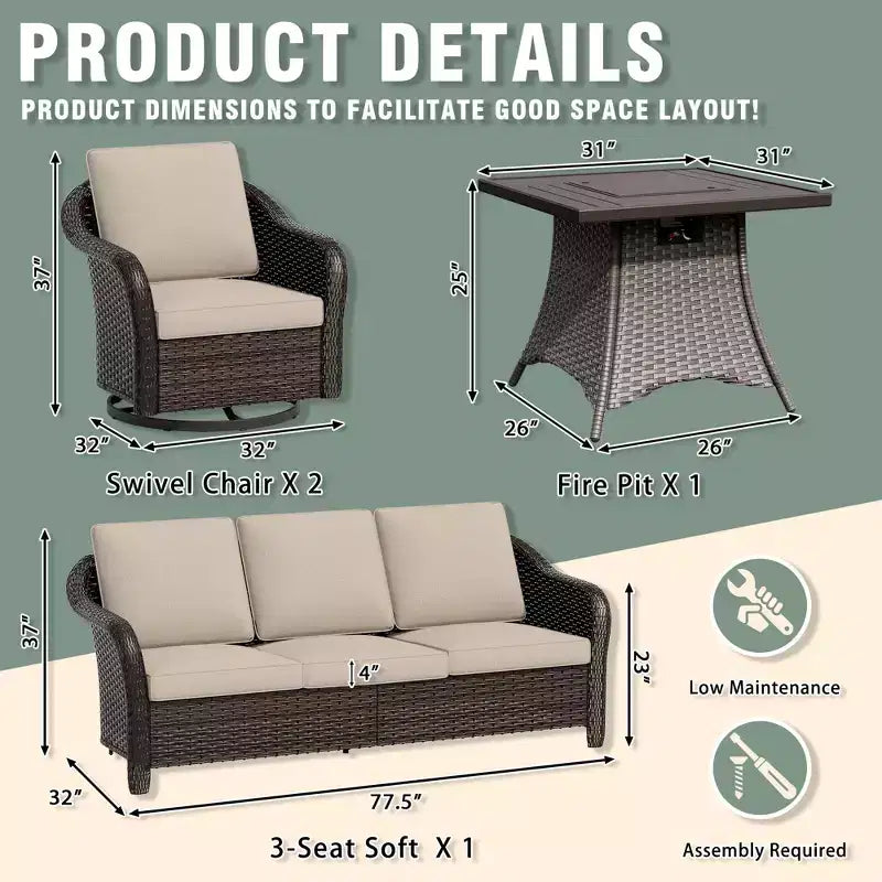 UPTIOT Outdoor Patio Set: 3-Seat Sofa, 2 Swivel Rocking Chairs & 50,000 BTU Fire Pit for All-Weather Comfort and Warmth