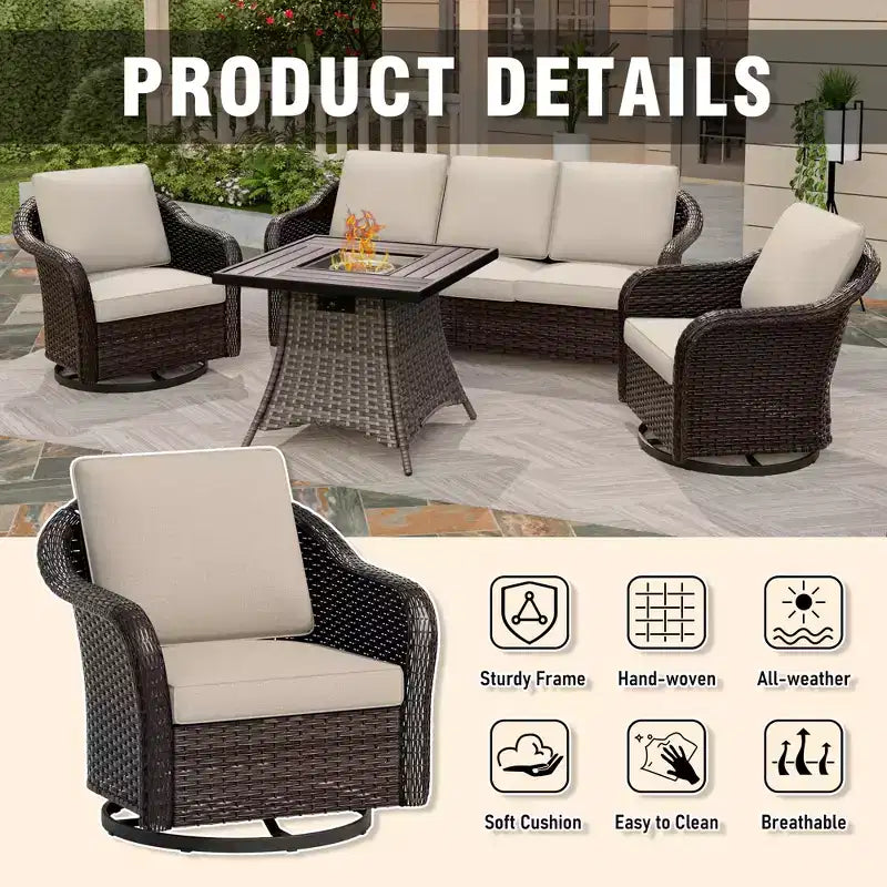UPTIOT Outdoor Patio Set: 3-Seat Sofa, 2 Swivel Rocking Chairs & 50,000 BTU Fire Pit for All-Weather Comfort and Warmth