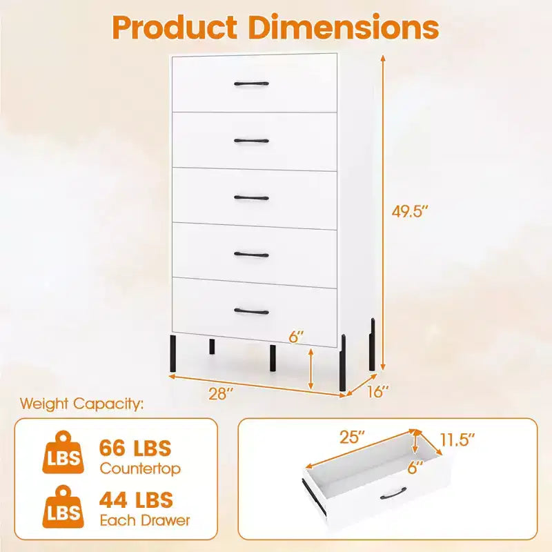 Commode Costway à 5 tiroirs avec pieds et poignées en métal, kits anti-basculement pour placard, chambre à coucher, blanc