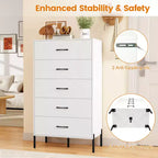 Commode Costway à 5 tiroirs avec pieds et poignées en métal, kits anti-basculement pour placard, chambre à coucher, blanc