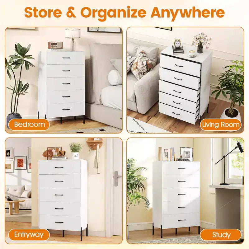 Commode Costway à 5 tiroirs avec pieds et poignées en métal, kits anti-basculement pour placard, chambre à coucher, blanc