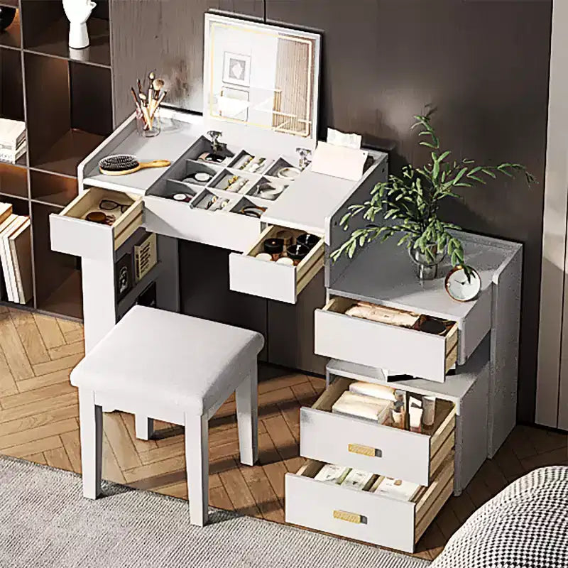 GDFStudio Viggo 3-in-1 Makeup Vanity Set with Flip-Top Mirror, Stool, LED Lighting and Retractable Side Cabinet