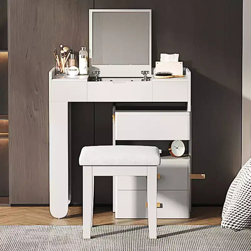 GDFStudio Viggo 3-in-1 Makeup Vanity Set with Flip-Top Mirror, Stool, LED Lighting and Retractable Side Cabinet