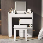 GDFStudio Viggo 3-in-1 Makeup Vanity Set with Flip-Top Mirror, Stool, LED Lighting and Retractable Side Cabinet