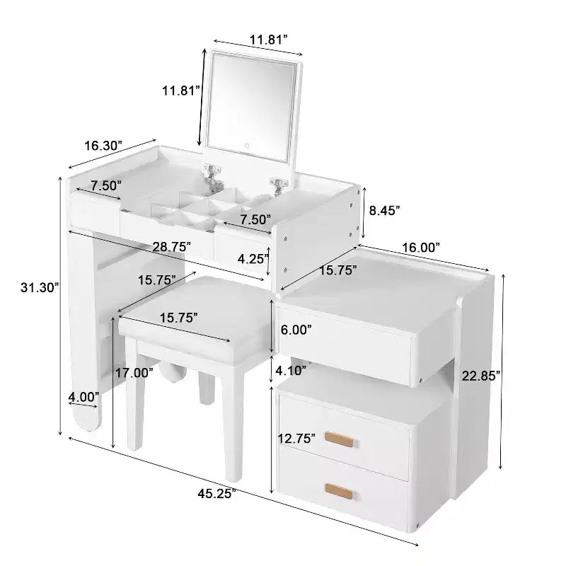 GDFStudio Viggo 3-in-1 Makeup Vanity Set with Flip-Top Mirror, Stool, LED Lighting and Retractable Side Cabinet