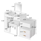 GDFStudio Viggo 3-in-1 Makeup Vanity Set with Flip-Top Mirror, Stool, LED Lighting and Retractable Side Cabinet