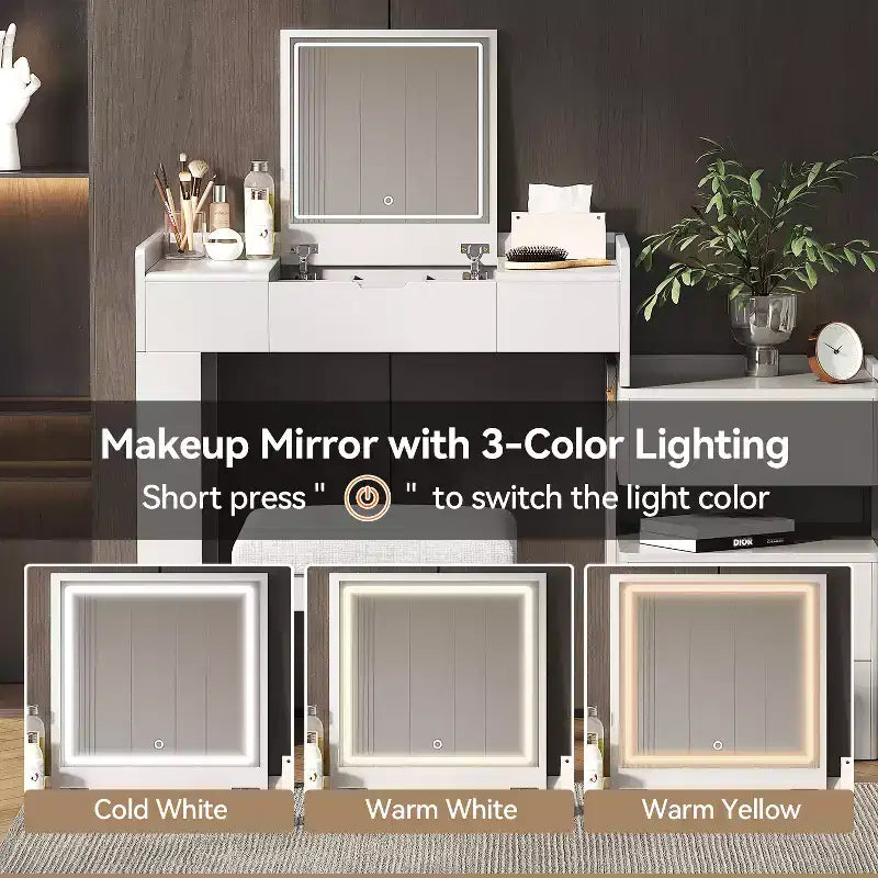 GDFStudio Viggo 3-in-1 Makeup Vanity Set with Flip-Top Mirror, Stool, LED Lighting and Retractable Side Cabinet