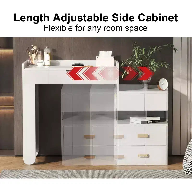 GDFStudio Viggo 3-in-1 Makeup Vanity Set with Flip-Top Mirror, Stool, LED Lighting and Retractable Side Cabinet
