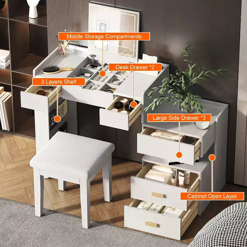 GDFStudio Viggo 3-in-1 Makeup Vanity Set with Flip-Top Mirror, Stool, LED Lighting and Retractable Side Cabinet