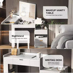 GDFStudio Viggo 3-in-1 Makeup Vanity Set with Flip-Top Mirror, Stool, LED Lighting and Retractable Side Cabinet