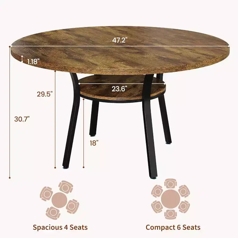 Table à manger pour 4 personnes, table de cuisine de 119 cm, table de salle à manger ronde avec étagère de rangement pour salle à manger, cuisine