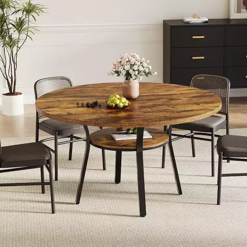 Table à manger pour 4 personnes, table de cuisine de 119 cm, table de salle à manger ronde avec étagère de rangement pour salle à manger, cuisine