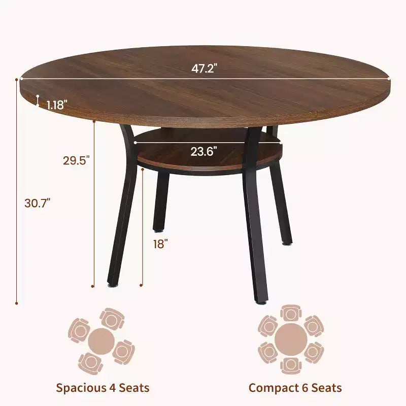 Table à manger pour 4 personnes, table de cuisine de 119 cm, table de salle à manger ronde avec étagère de rangement pour salle à manger, cuisine