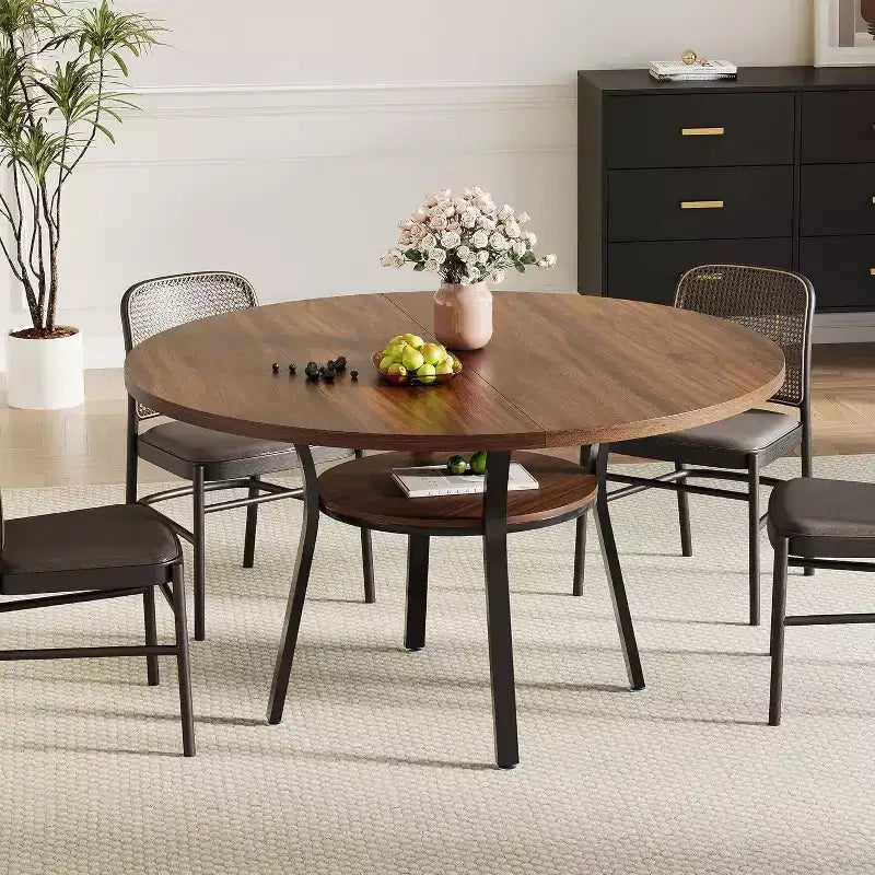 Table à manger pour 4 personnes, table de cuisine de 119 cm, table de salle à manger ronde avec étagère de rangement pour salle à manger, cuisine