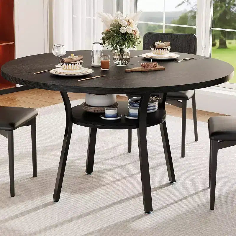Dining Table for 4, 47 Inch Kitchen Table, Round Dining Room Table with Storage Shelf for Dining Room, Kitchen