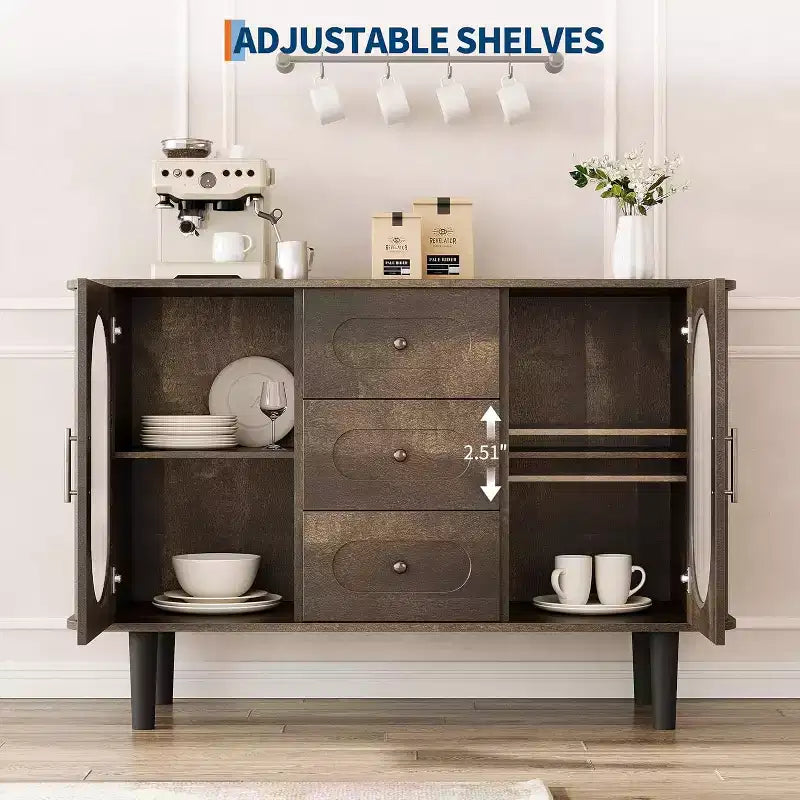 47.2 Sideboard Cabinet with 2 Fluted Glass Doors & 3 Drawers, Modern Farmhouse Accent cabinet with Adjustable Shelves for Kitchen, Living Room