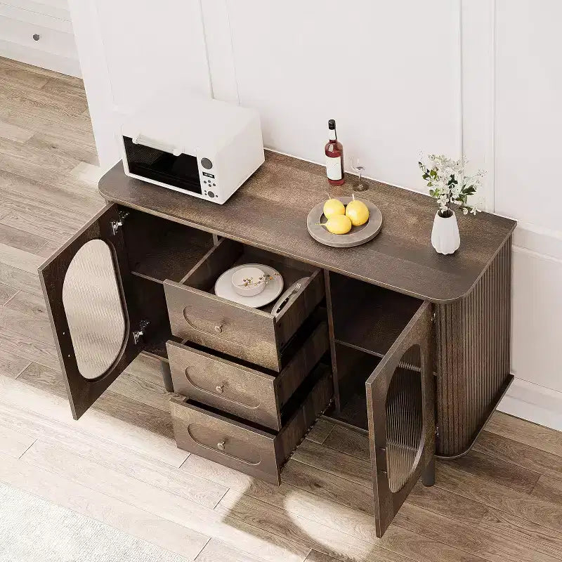 47.2 Sideboard Cabinet with 2 Fluted Glass Doors & 3 Drawers, Modern Farmhouse Accent cabinet with Adjustable Shelves for Kitchen, Living Room