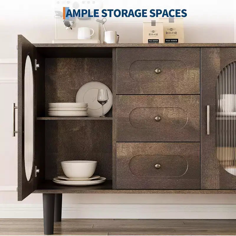 47.2 Sideboard Cabinet with 2 Fluted Glass Doors & 3 Drawers, Modern Farmhouse Accent cabinet with Adjustable Shelves for Kitchen, Living Room