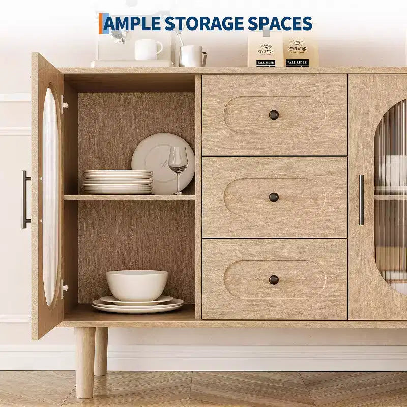 47.2 Sideboard Cabinet with 2 Fluted Glass Doors & 3 Drawers, Modern Farmhouse Accent cabinet with Adjustable Shelves for Kitchen, Living Room