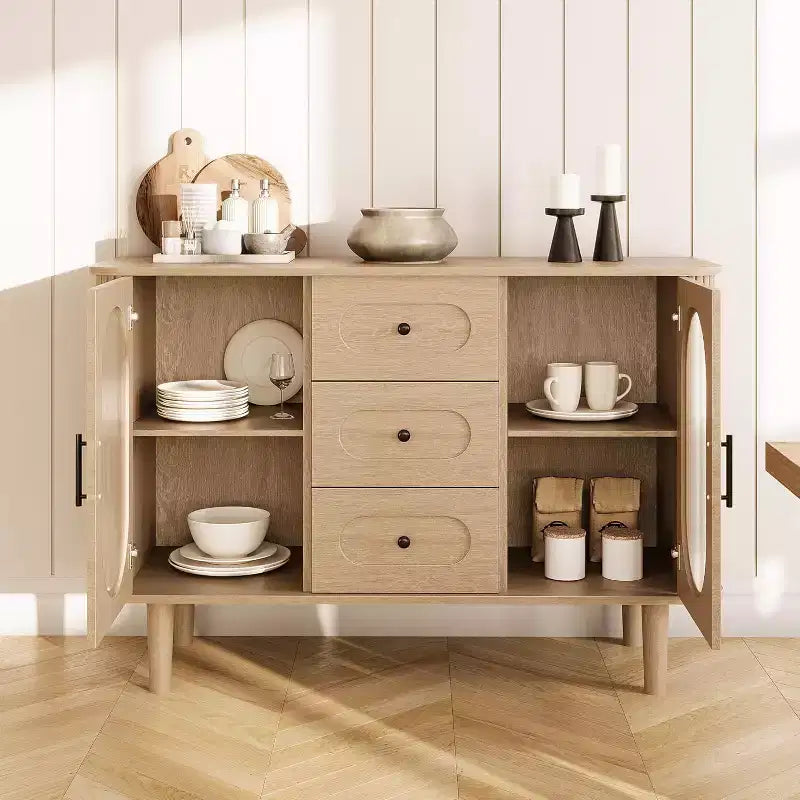47.2 Sideboard Cabinet with 2 Fluted Glass Doors & 3 Drawers, Modern Farmhouse Accent cabinet with Adjustable Shelves for Kitchen, Living Room