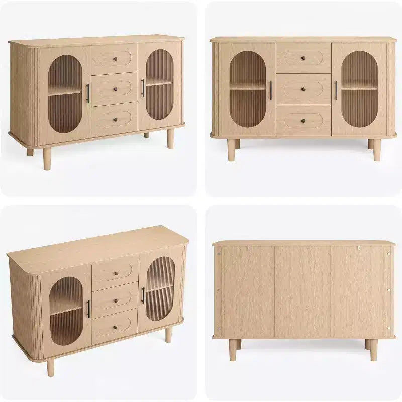 47.2 Sideboard Cabinet with 2 Fluted Glass Doors & 3 Drawers, Modern Farmhouse Accent cabinet with Adjustable Shelves for Kitchen, Living Room