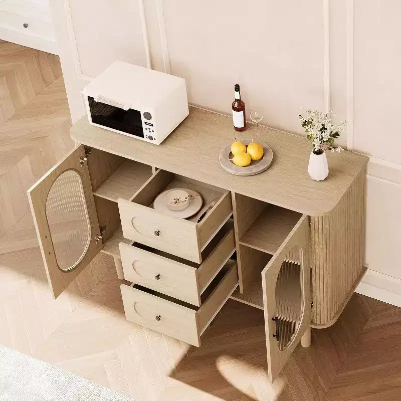 47.2 Sideboard Cabinet with 2 Fluted Glass Doors & 3 Drawers, Modern Farmhouse Accent cabinet with Adjustable Shelves for Kitchen, Living Room