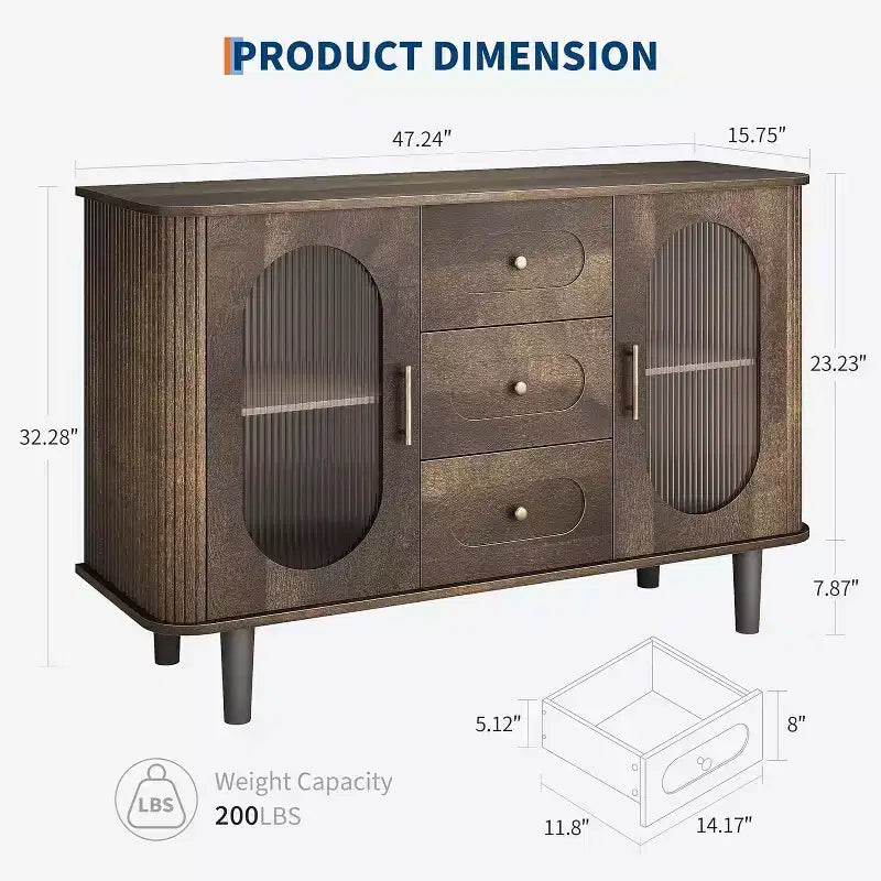 47.2 Sideboard Cabinet with 2 Fluted Glass Doors & 3 Drawers, Modern Farmhouse Accent cabinet with Adjustable Shelves for Kitchen, Living Room