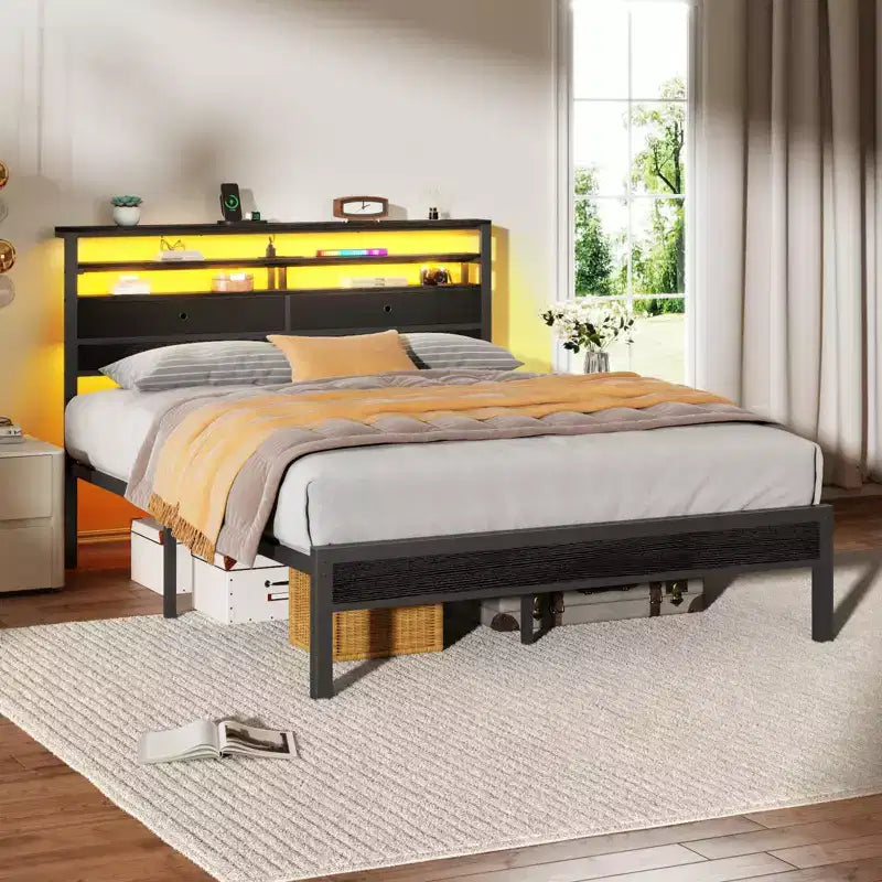 Queen Bed Frame With RGB LED Lights Storage Headboard Charging Station Black Oak Metal Platform Mattress Foundation No Box Spring Needed Heavy Duty