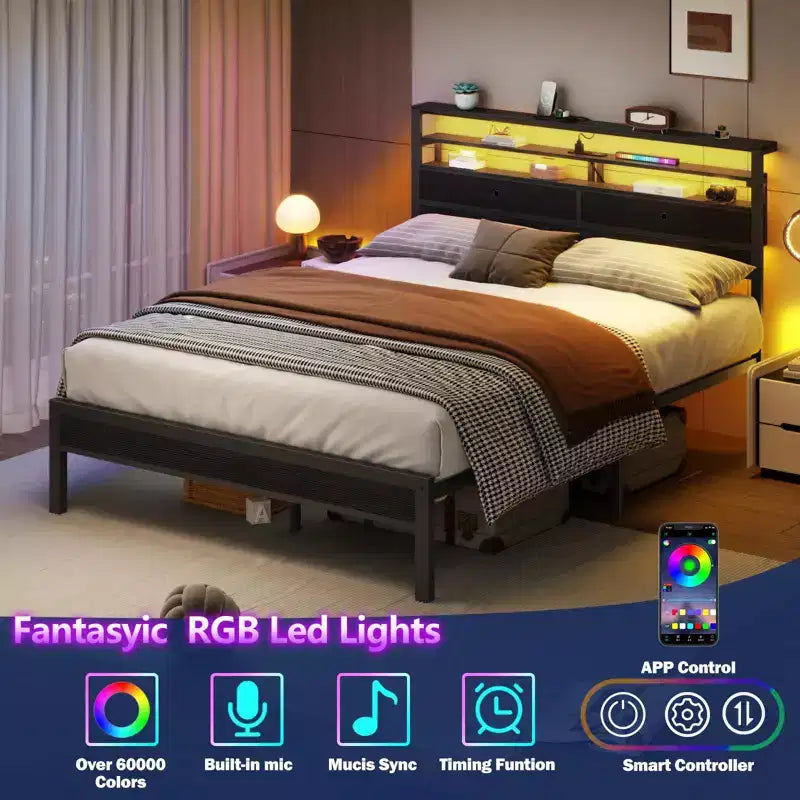 Cadre de lit Queen avec lumières LED RVB, tête de lit de rangement, station de charge, plateforme en métal chêne noir, sommier tapissier non requis, usage intensif
