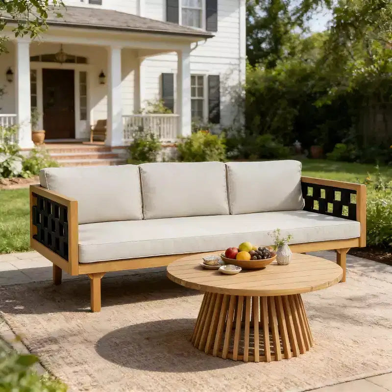 Christopher Knight Home Alice 2 Piece Modern Outdoor Acacia Wood Woven Rope 3-Seater Sofa Set with Round Coffee Table