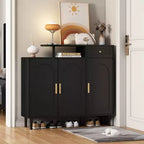 JVNOXK Stylish and elegant shoe cabinet, cream-colored storage sideboard with adjustable shelves and solid wood legs, black