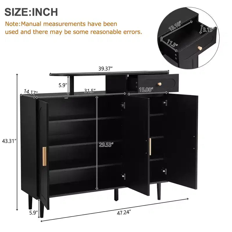 JVNOXK Stylish and elegant shoe cabinet, cream-colored storage sideboard with adjustable shelves and solid wood legs, black