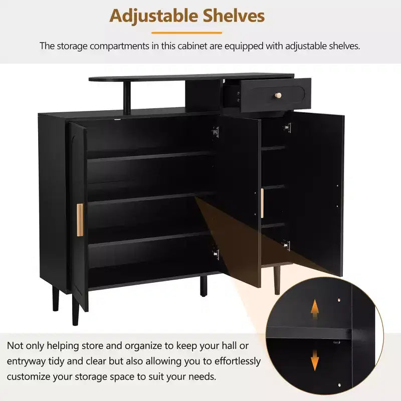 JVNOXK Stylish and elegant shoe cabinet, cream-colored storage sideboard with adjustable shelves and solid wood legs, black