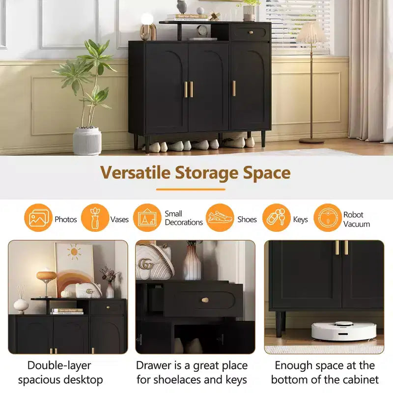 JVNOXK Stylish and elegant shoe cabinet, cream-colored storage sideboard with adjustable shelves and solid wood legs, black